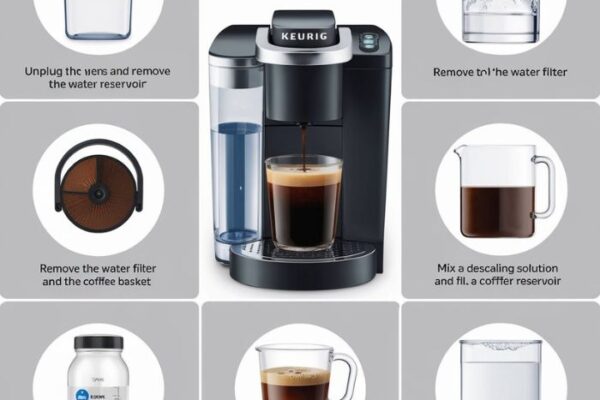 A step-by-step guide to descaling a Keurig coffee maker.